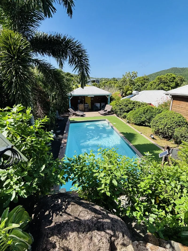 Piscine bordée de gazon et de végétation tropicale, avec les collines de Deshaies à l'horizon