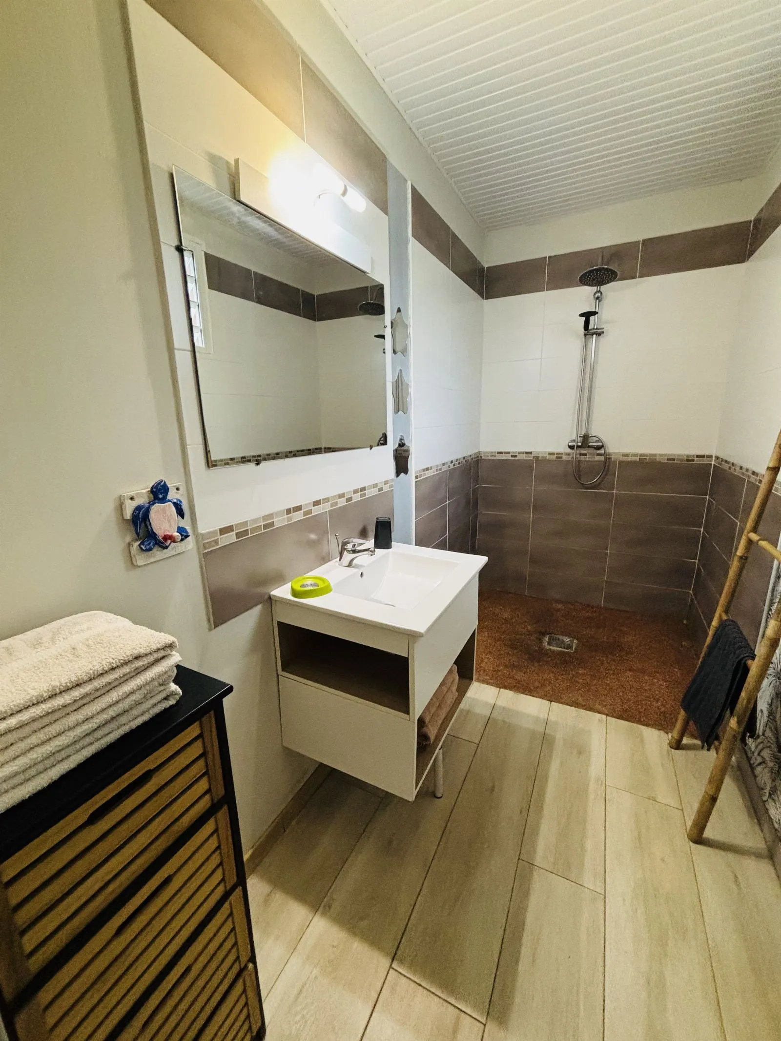 Salle d’eau avec grand miroir, vasque suspendue et douche à l’italienne